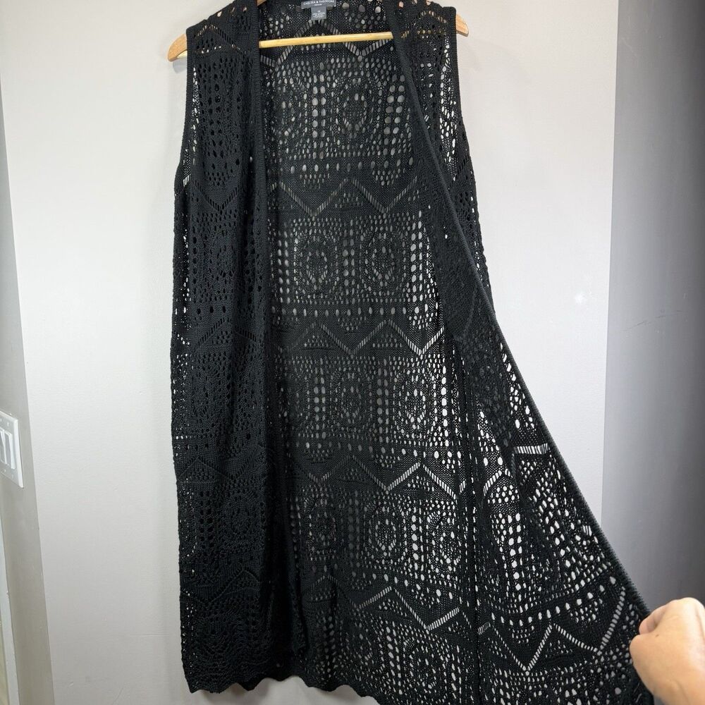 Chelsea & Theodore 1X Crochet Open Front Long Line Duster Vest Cardigan Boho - Picture 5 of 8